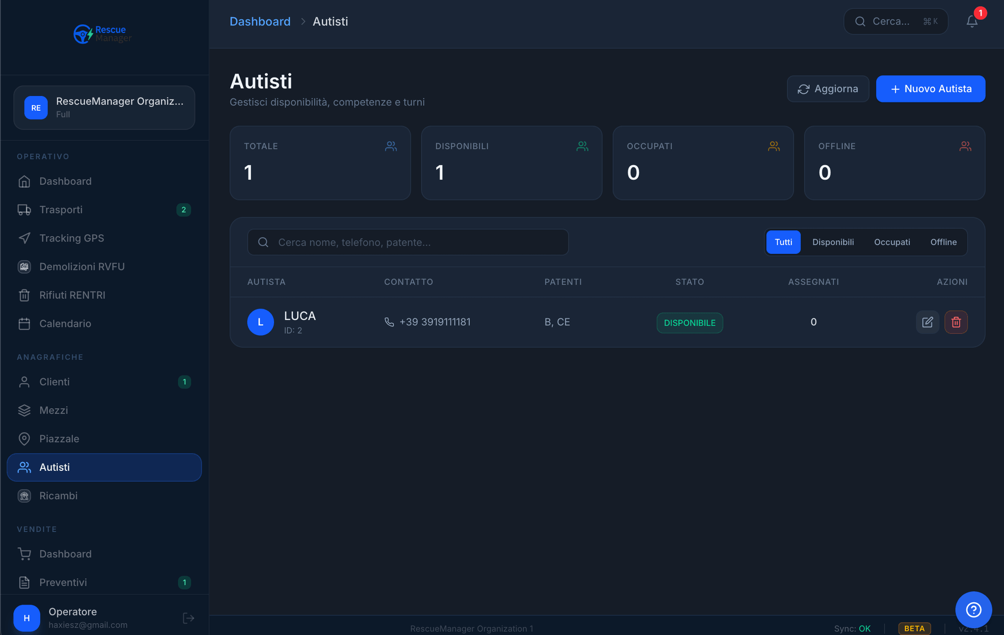 Gestione autisti e trasporti RescueManager