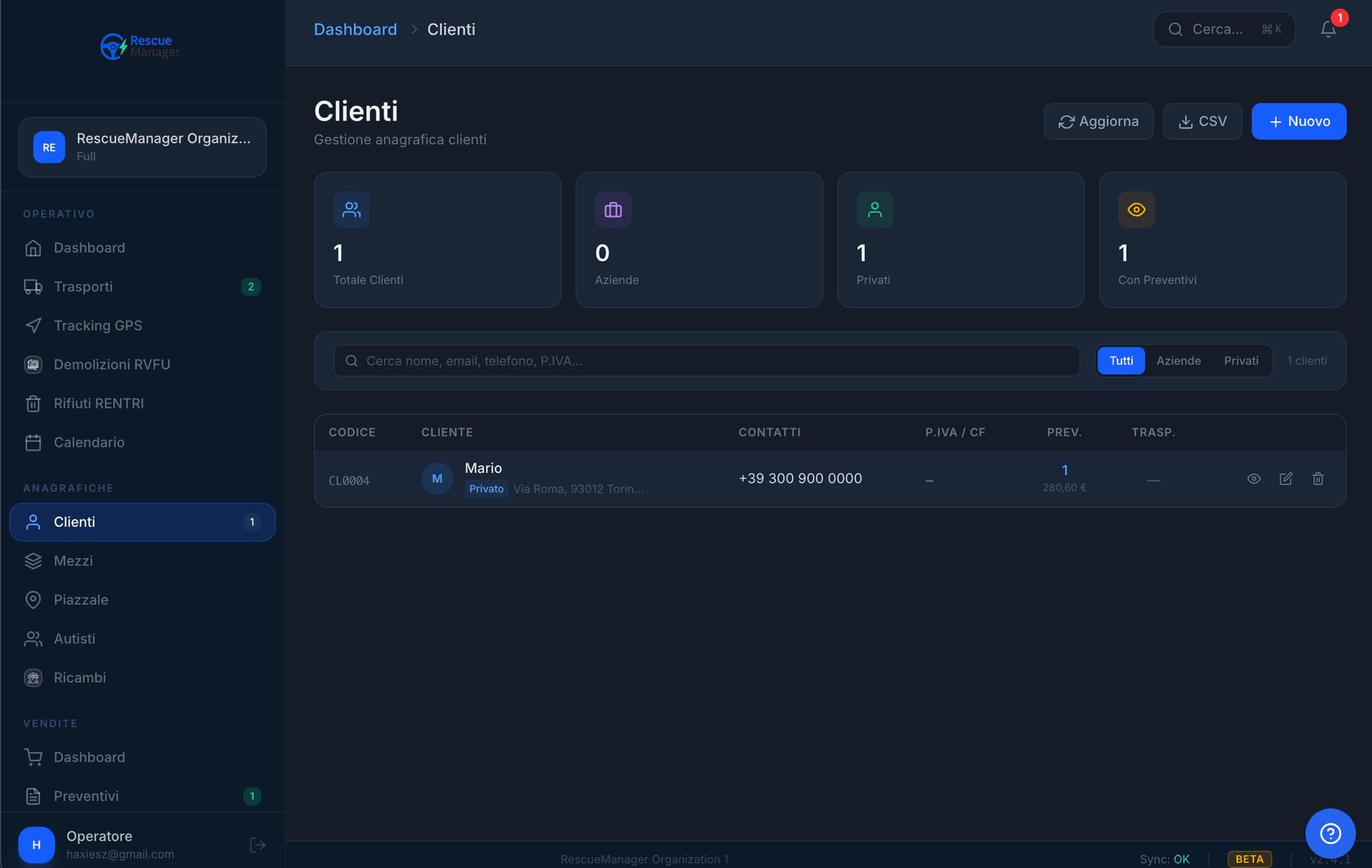 Gestione clienti RescueManager